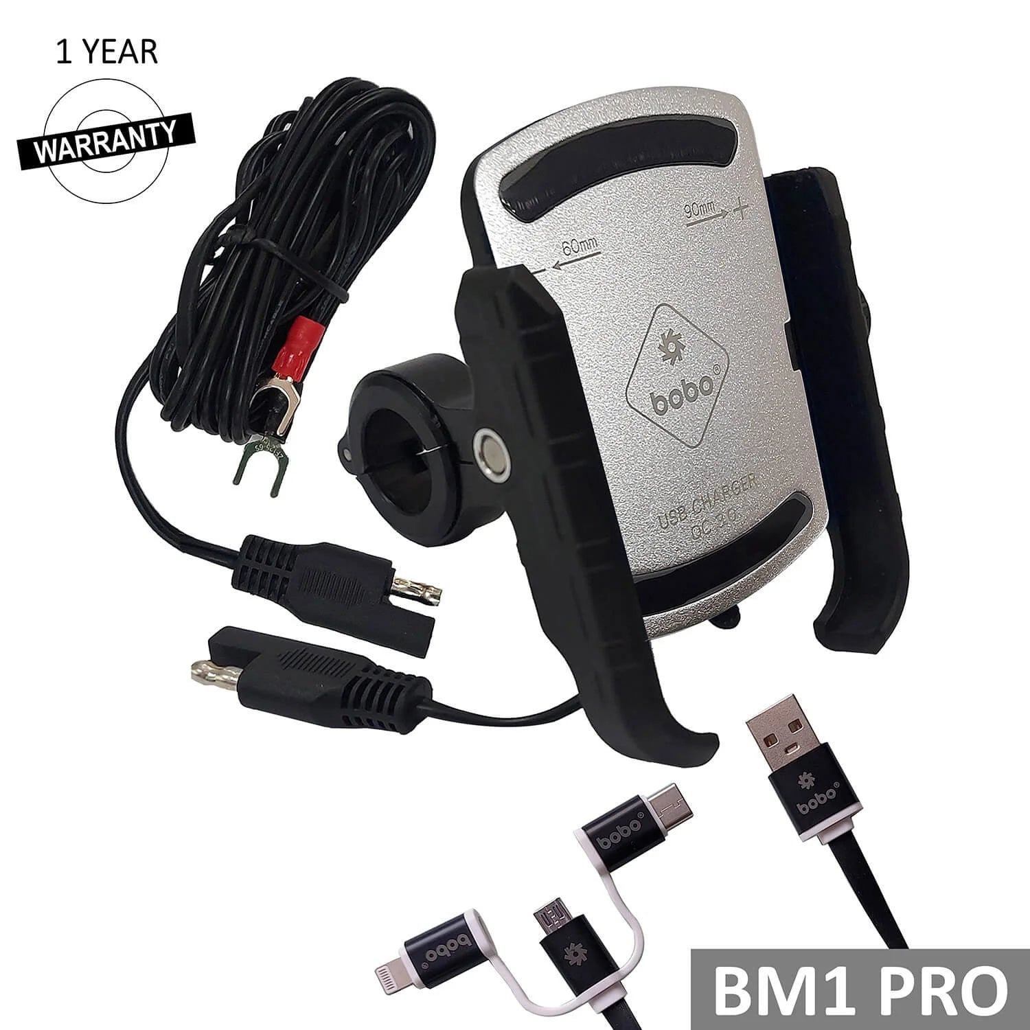 BOBO BM1 PRO Jaw-Grip Bike Phone Holder (with fast USB 3.0 charger, SAE connector & Fast USB Cable) Motorcycle Mobile Mount