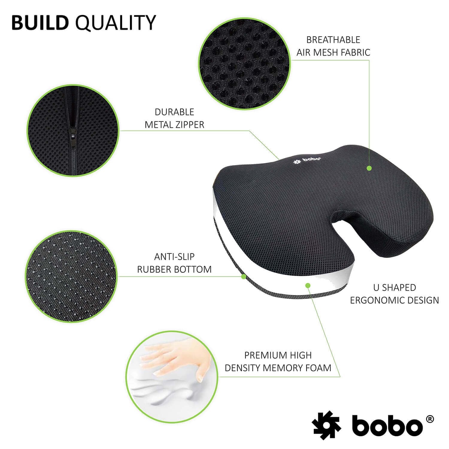 BOBO Gel Enhanced Memory Foam Seat Cushion – Orthopedic Coccyx (Tailbone) Cushion for Back Pain Relief – Sciatica Pillow for Office Chair, Car Seat & Travel