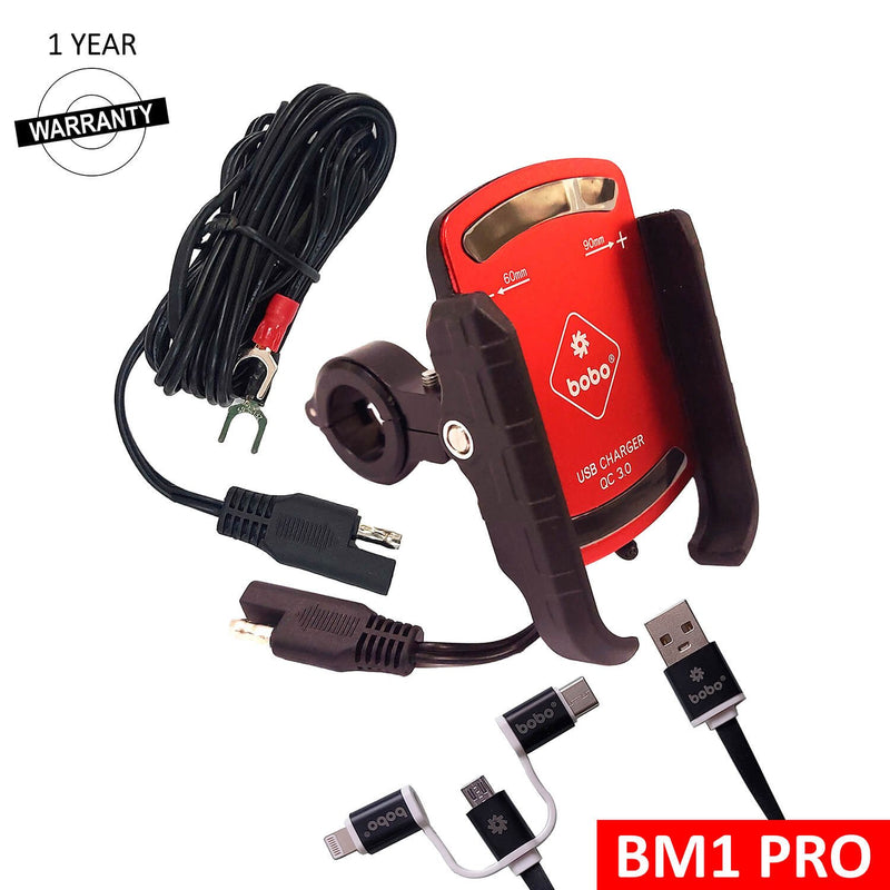 BOBO BM1 PRO Jaw-Grip Bike Phone Holder (with fast USB 3.0 charger, SAE connector & Fast USB Cable) Motorcycle Mobile Mount